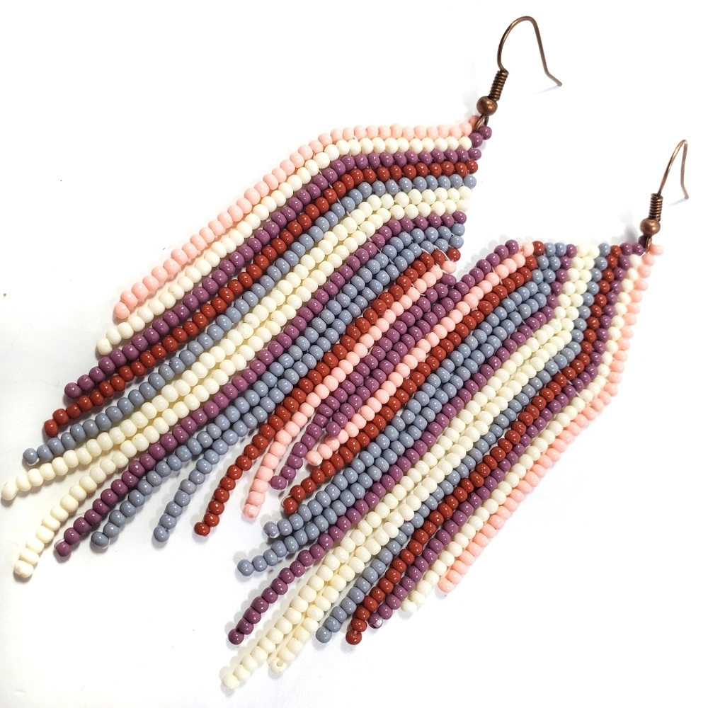 Pink & Grey Striped Seed Bead Fringe Earrings